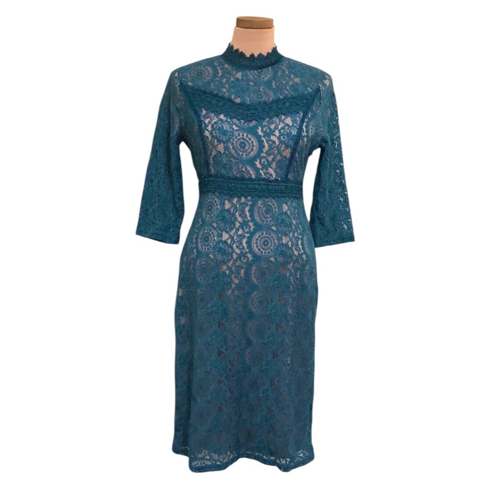 Francesca's Collections Teal Lace Mock-Neck Midi Dress